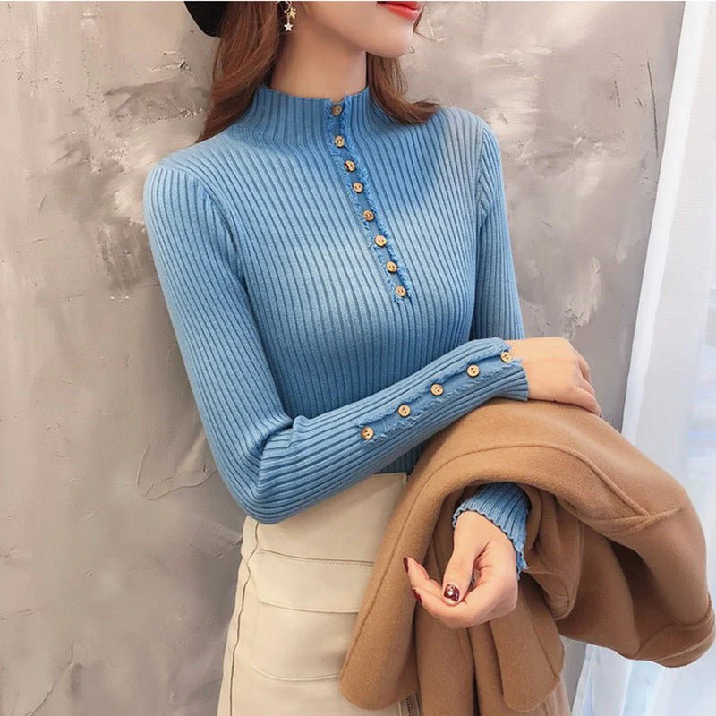 Semi-turtleneck sweater women's long-sleeved inner bottoming shirt autumn 2022 new pullover middle collar slim-fit button-up knitted sweater - Image 11