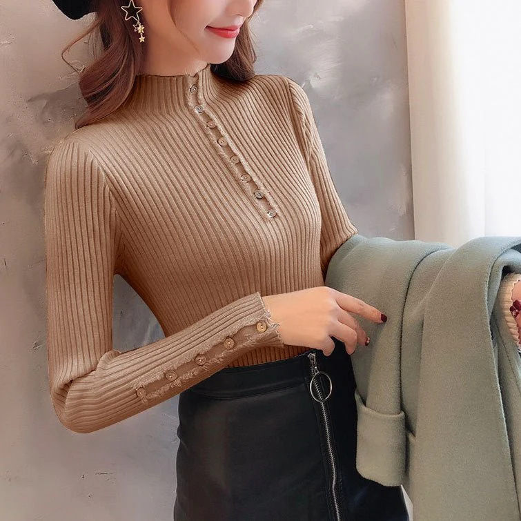 Semi-turtleneck sweater women's long-sleeved inner bottoming shirt autumn 2022 new pullover middle collar slim-fit button-up knitted sweater - Image 13