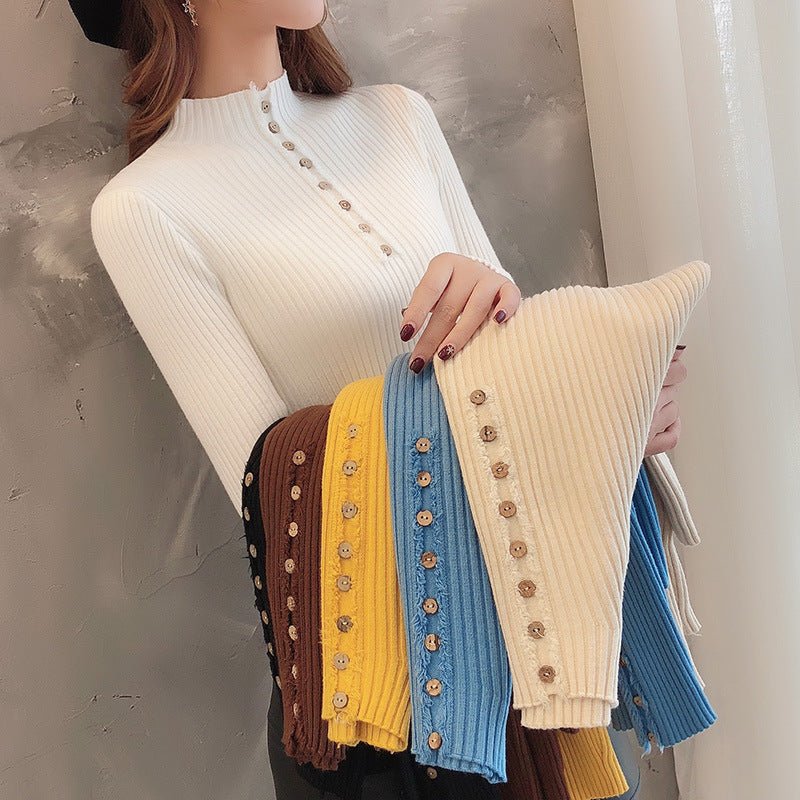 Semi-turtleneck sweater women's long-sleeved inner bottoming shirt autumn 2022 new pullover middle collar slim-fit button-up knitted sweater - Image 4