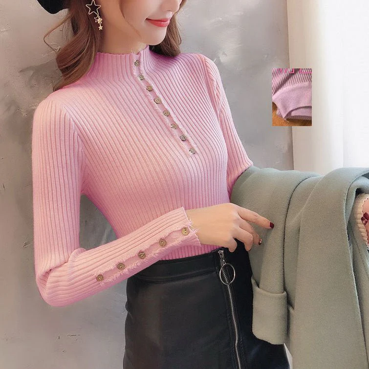 Semi-turtleneck sweater women's long-sleeved inner bottoming shirt autumn 2022 new pullover middle collar slim-fit button-up knitted sweater - Image 6