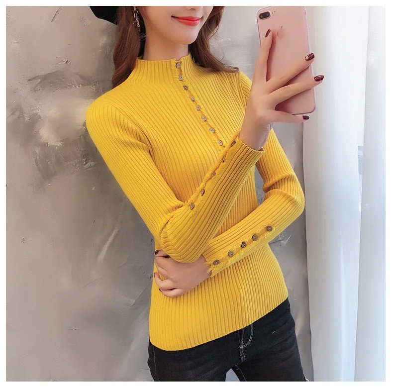 Semi-turtleneck sweater women's long-sleeved inner bottoming shirt autumn 2022 new pullover middle collar slim-fit button-up knitted sweater - Image 7