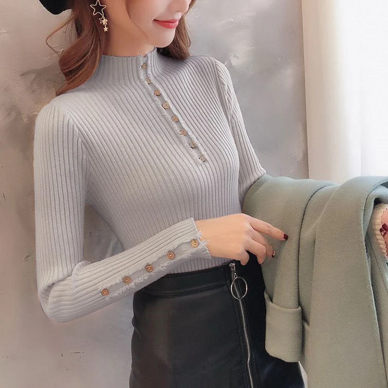 Semi-turtleneck sweater women's long-sleeved inner bottoming shirt autumn 2022 new pullover middle collar slim-fit button-up knitted sweater - Image 8