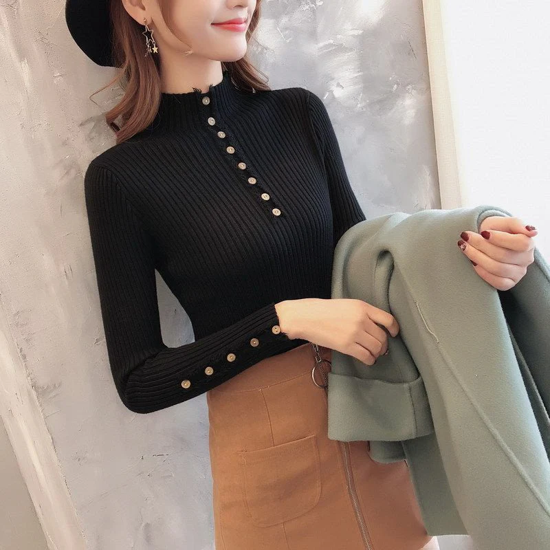 Semi-turtleneck sweater women's long-sleeved inner bottoming shirt autumn 2022 new pullover middle collar slim-fit button-up knitted sweater - Image 9