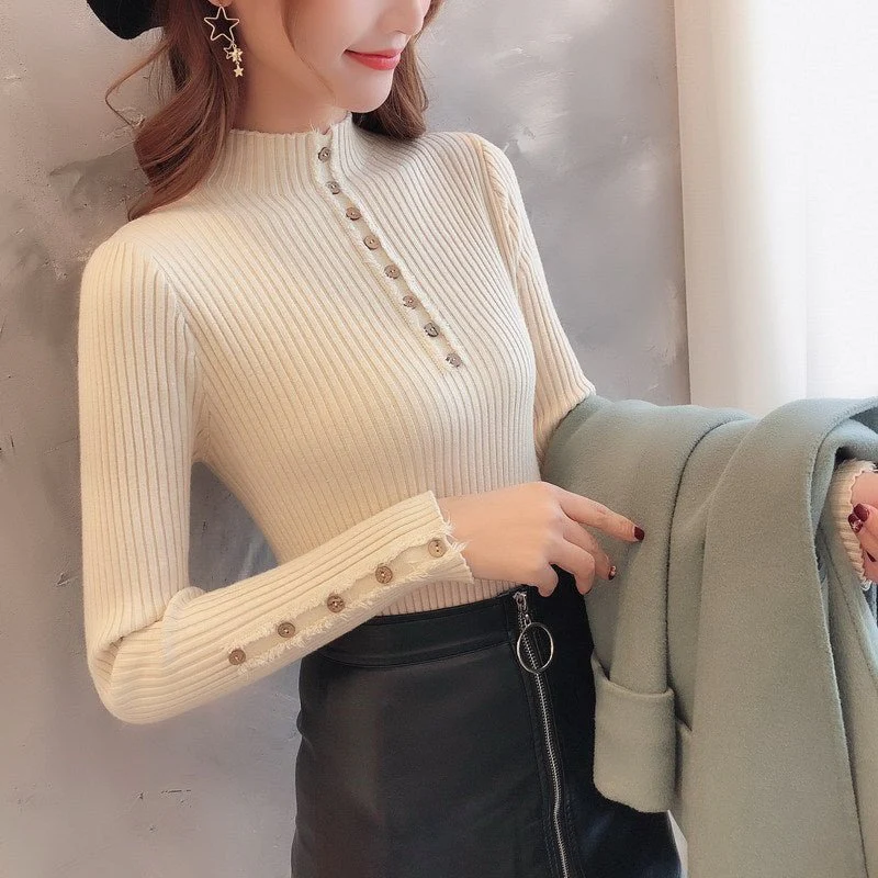 Semi-turtleneck sweater women's long-sleeved inner bottoming shirt autumn 2022 new pullover middle collar slim-fit button-up knitted sweater FD - Image 12