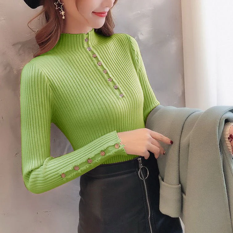 Semi-turtleneck sweater women's long-sleeved inner bottoming shirt autumn 2022 new pullover middle collar slim-fit button-up knitted sweater FD - Image 14