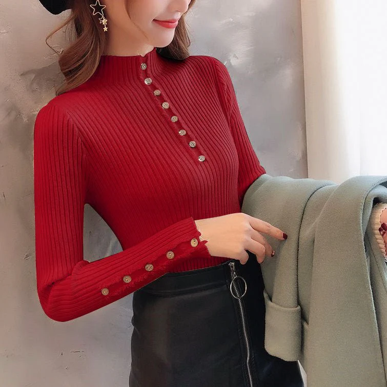 Semi-turtleneck sweater women's long-sleeved inner bottoming shirt autumn 2022 new pullover middle collar slim-fit button-up knitted sweater FD - Image 15
