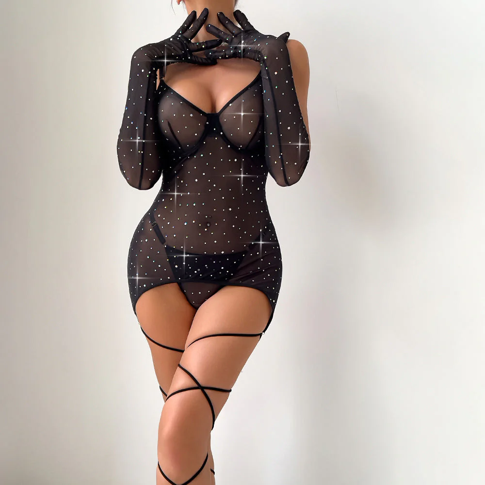 Sequin Dazzle | Steel Ring Perspective Gathering Three-Piece Suspender Set