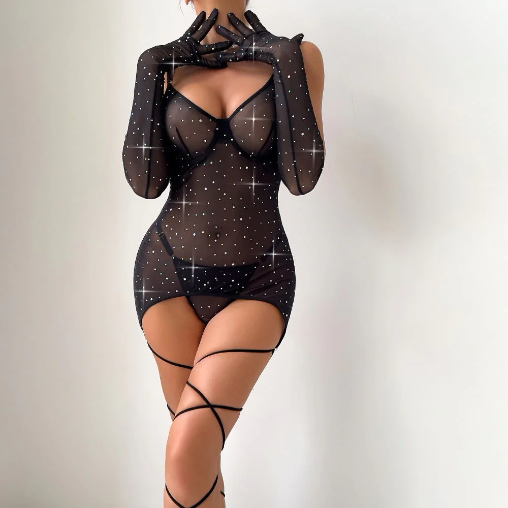 Sequins featured ladies nightclub style steel ring gathered gloves tie rope three-piece set FD - Image 10