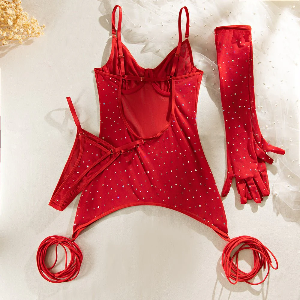Sequins featured ladies nightclub style steel ring gathered gloves tie rope three-piece set FD - Image 23