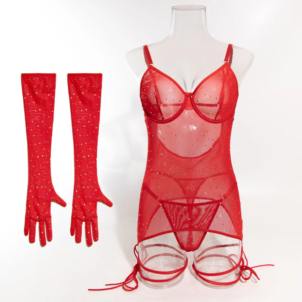 Sequins featured ladies nightclub style steel ring gathered gloves tie rope three-piece set FD - Image 24