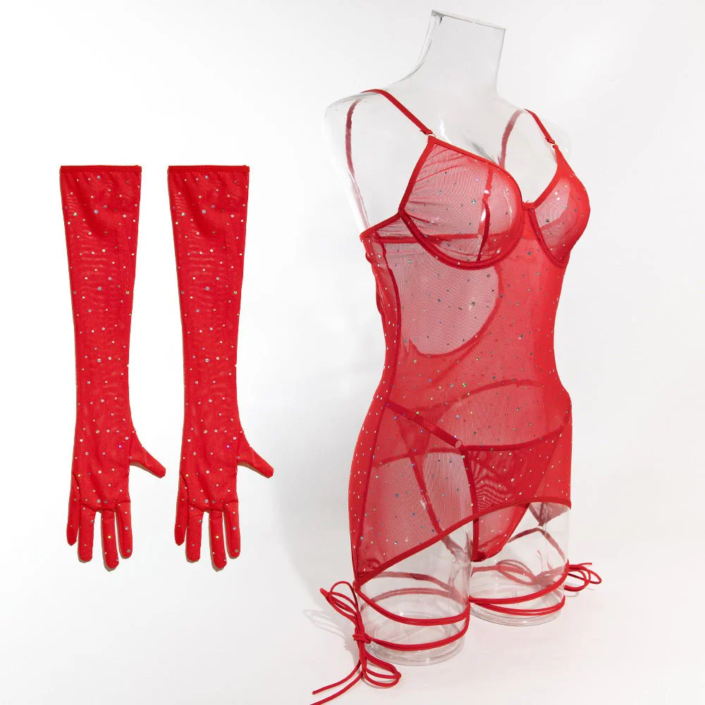 Sequins featured ladies nightclub style steel ring gathered gloves tie rope three-piece set FD - Image 25