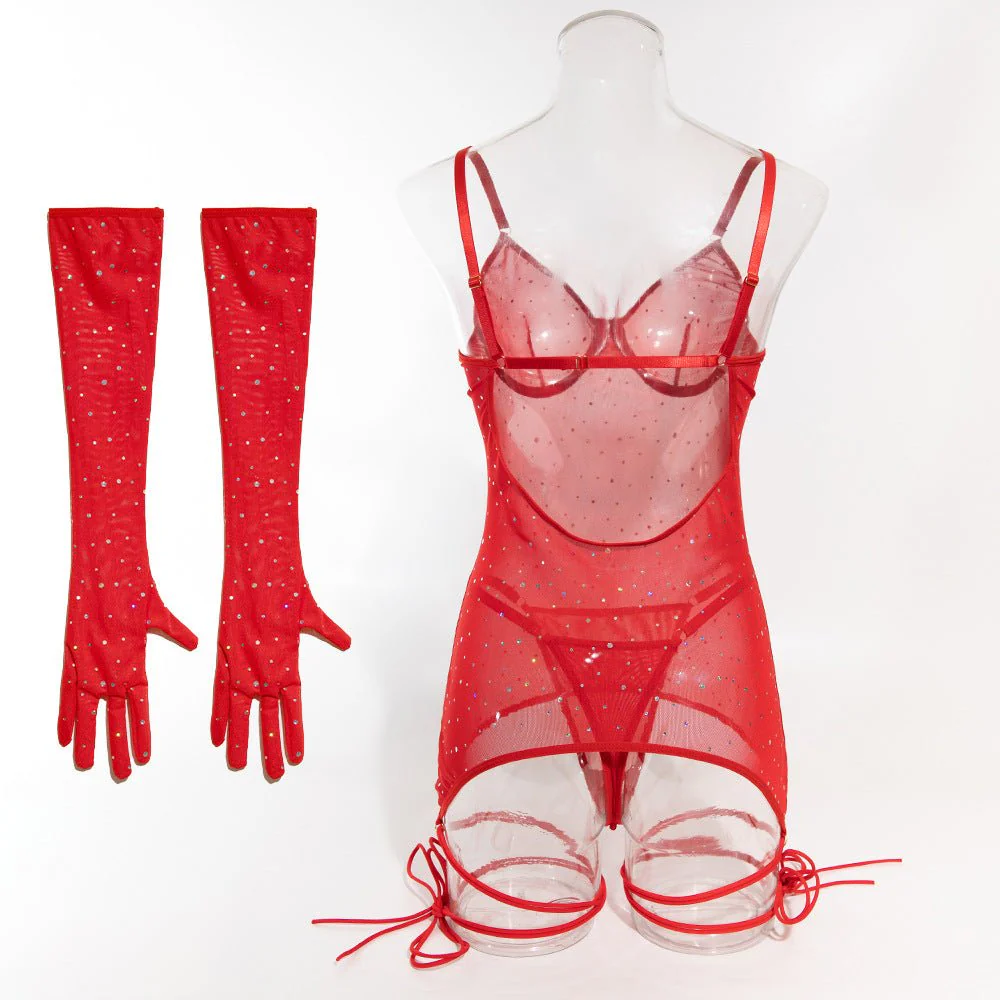 Sequins featured ladies nightclub style steel ring gathered gloves tie rope three-piece set FD - Image 26