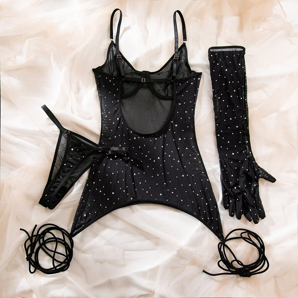 Sequins featured ladies nightclub style steel ring gathered gloves tie rope three-piece set FD - Image 34