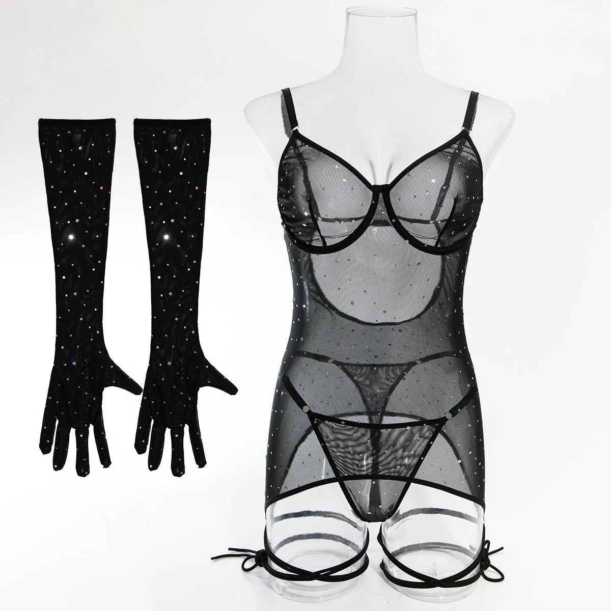Sequins featured ladies nightclub style steel ring gathered gloves tie rope three-piece set FD - Image 35
