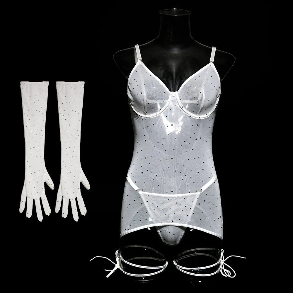 Sequins featured ladies nightclub style steel ring gathered gloves tie rope three-piece set FD - Image 47