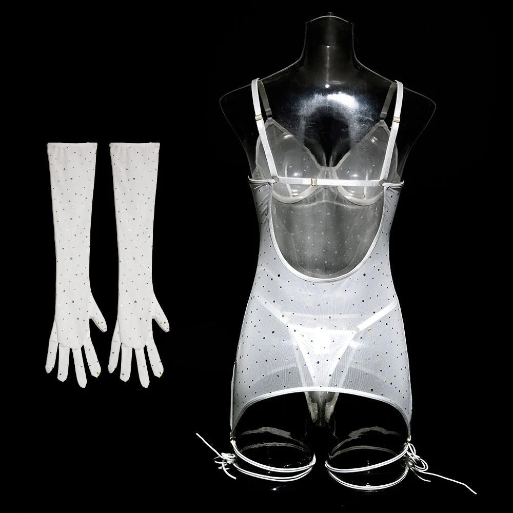 Sequins featured ladies nightclub style steel ring gathered gloves tie rope three-piece set FD - Image 49