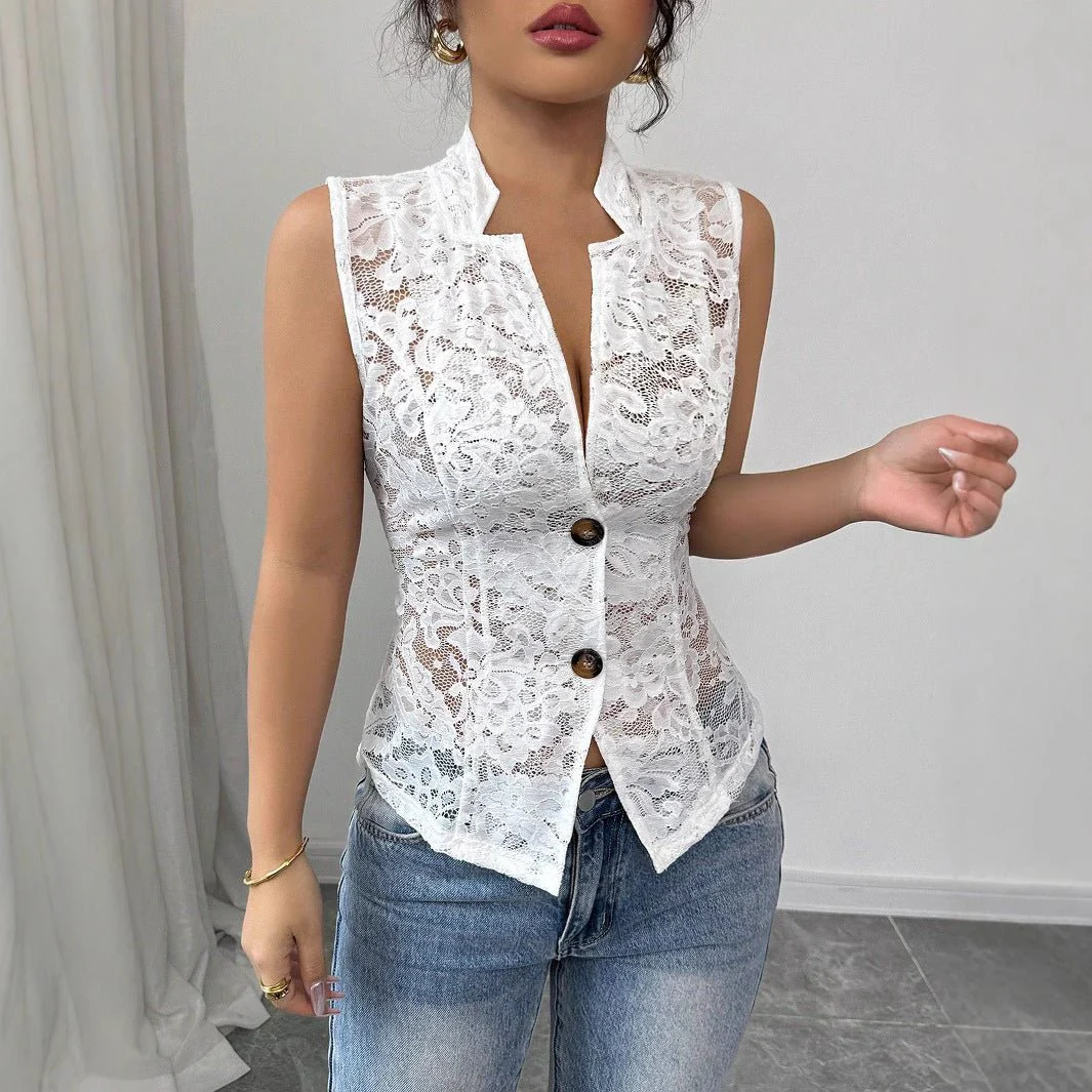 Sexy light and familiar hollow chest jacquard design perspective lapel tight lace cardigan - Image 3