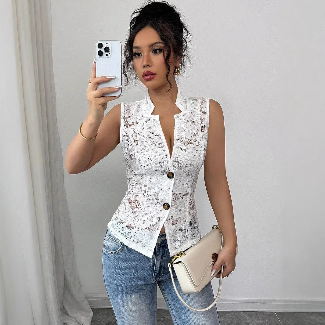Sexy light and familiar hollow chest jacquard design perspective lapel tight lace cardigan - Image 4