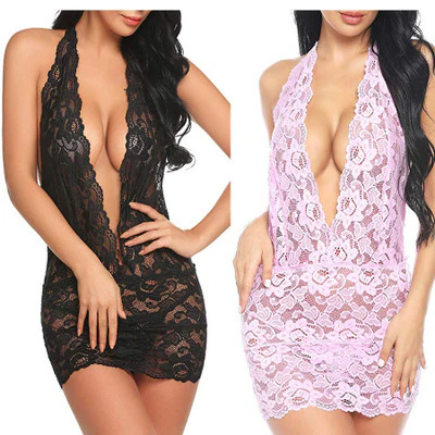 Sexy Lingerie Sexy Lace Hollow Hip-Covering Halterneck Women's Nightgown