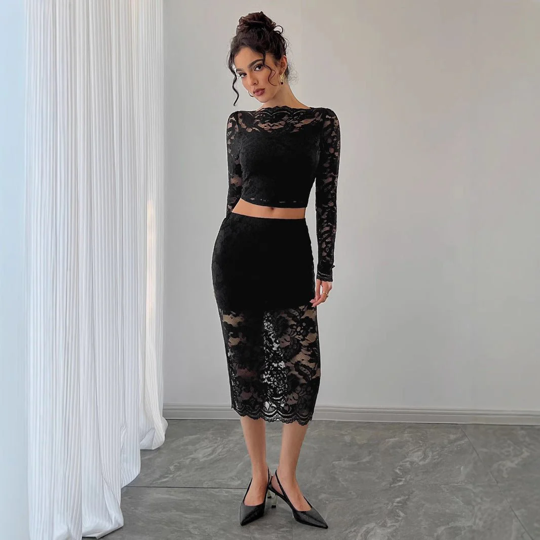 Sexy women's lace jacquard semi-transparent skirt set
