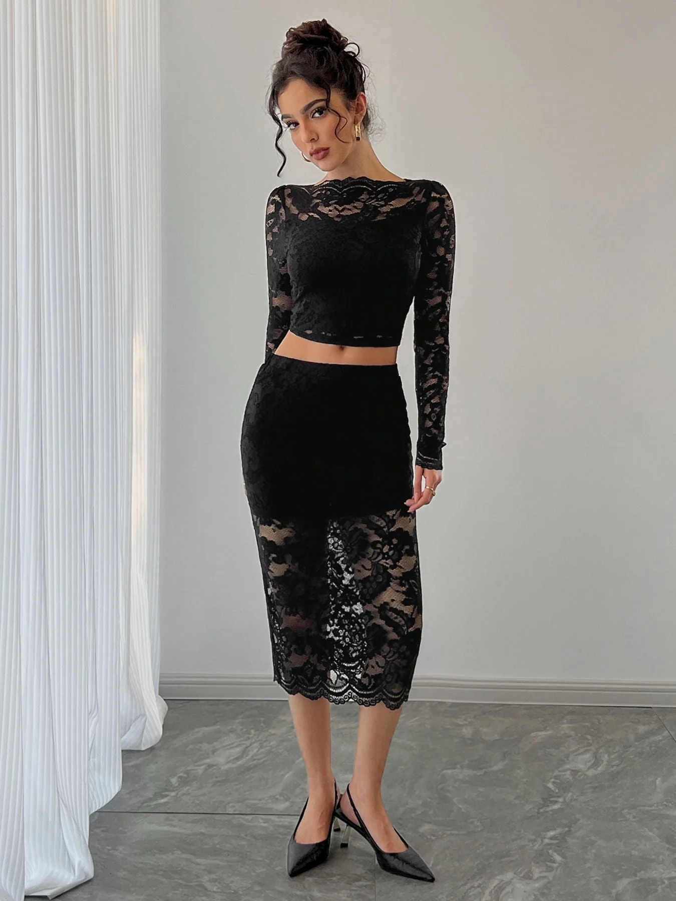 Sexy women's lace jacquard semi-transparent skirt set - Image 6