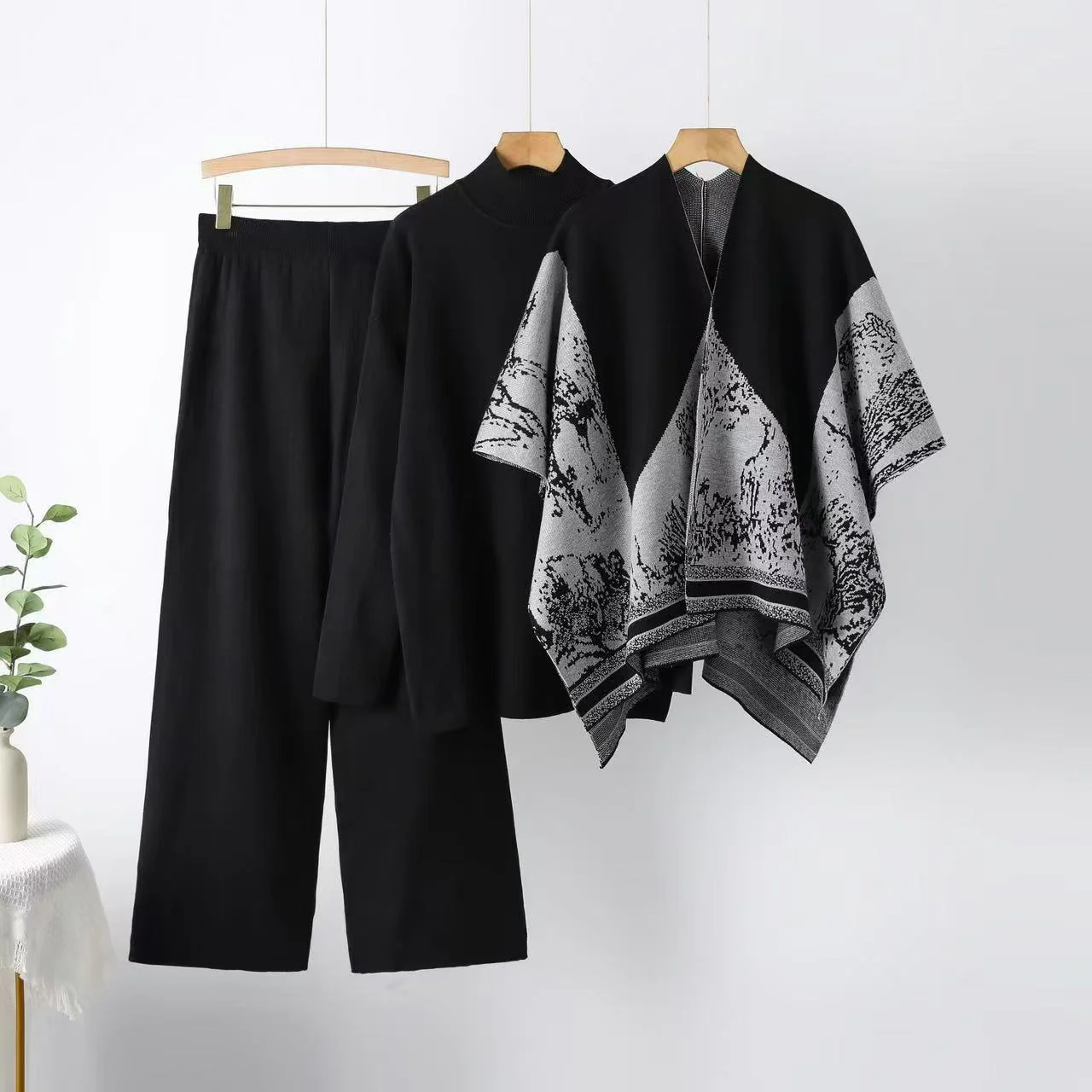 Shawl jacket spring and autumn sweater loose wide-leg pants three-piece fashion casual jacket knitted suit (FD) - Image 3