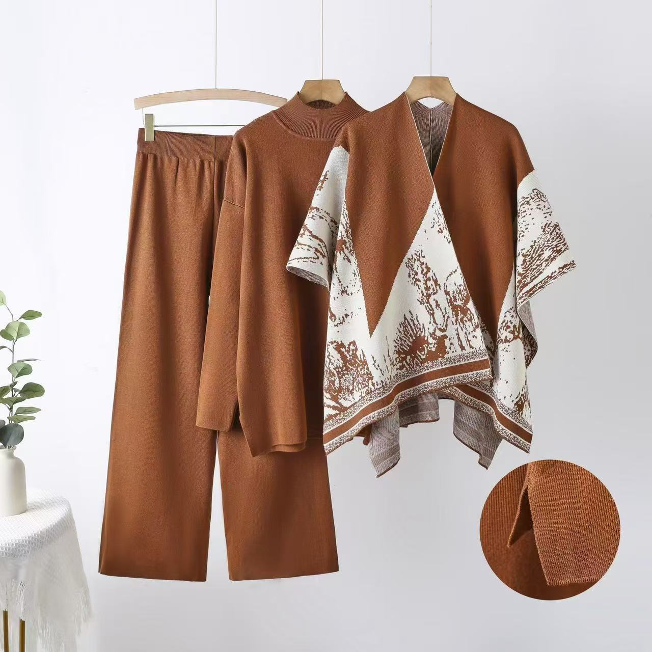 Shawl jacket spring and autumn sweater loose wide-leg pants three-piece fashion casual jacket knitted suit (FD) - Image 4
