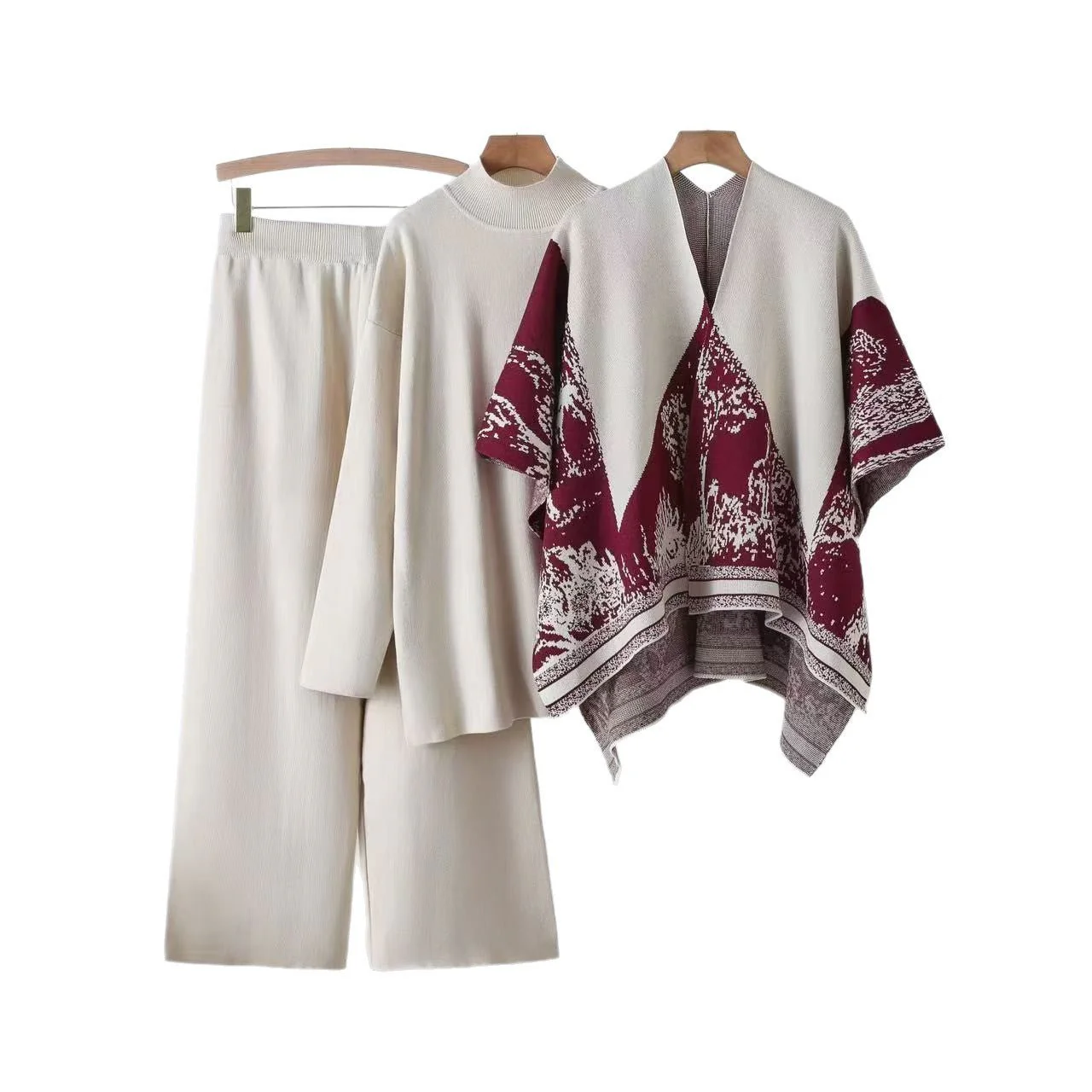 Shawl jacket spring and autumn sweater loose wide-leg pants three-piece fashion casual jacket knitted suit (FD) - Image 5