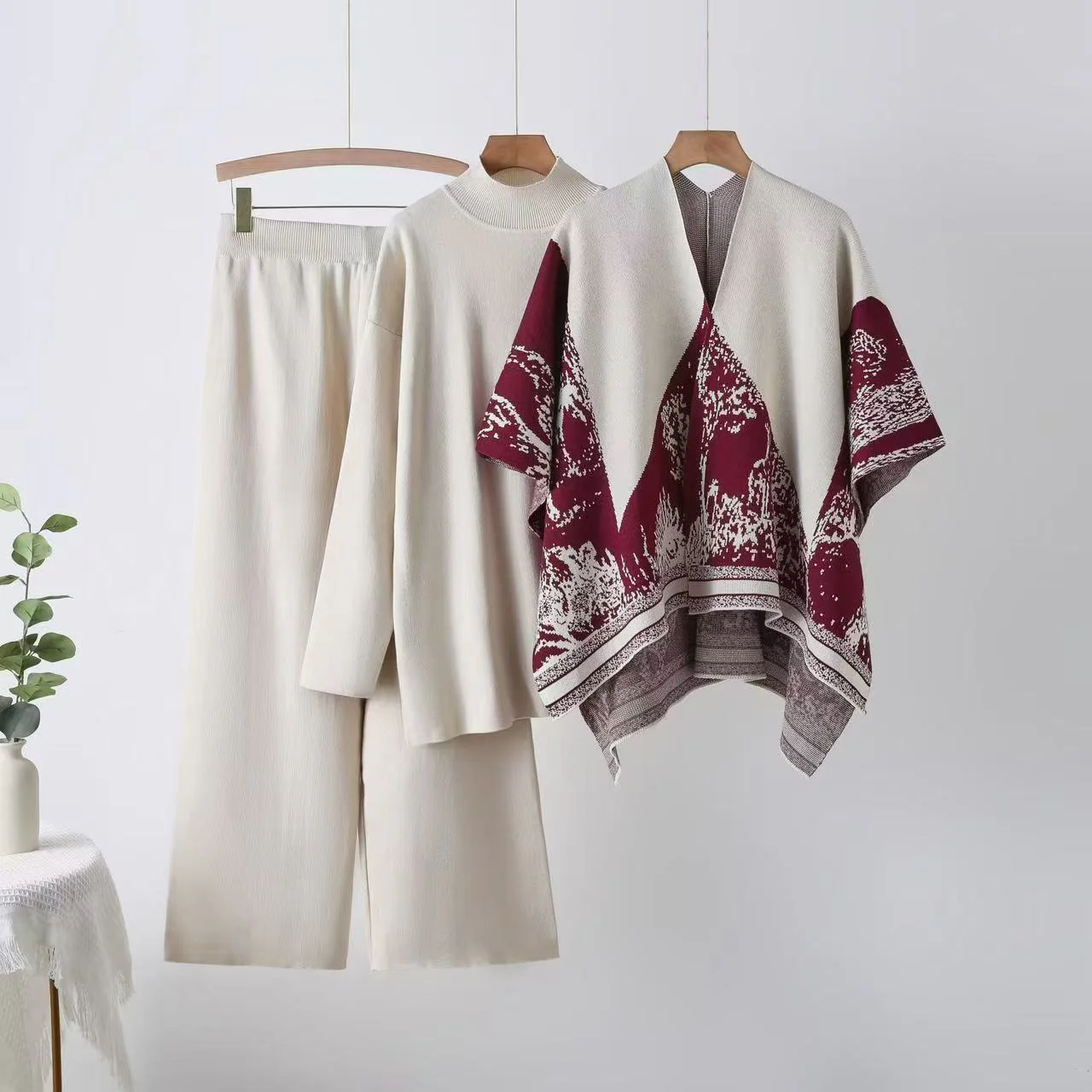 Shawl jacket spring and autumn sweater loose wide-leg pants three-piece fashion casual jacket knitted suit (FD) - Image 6
