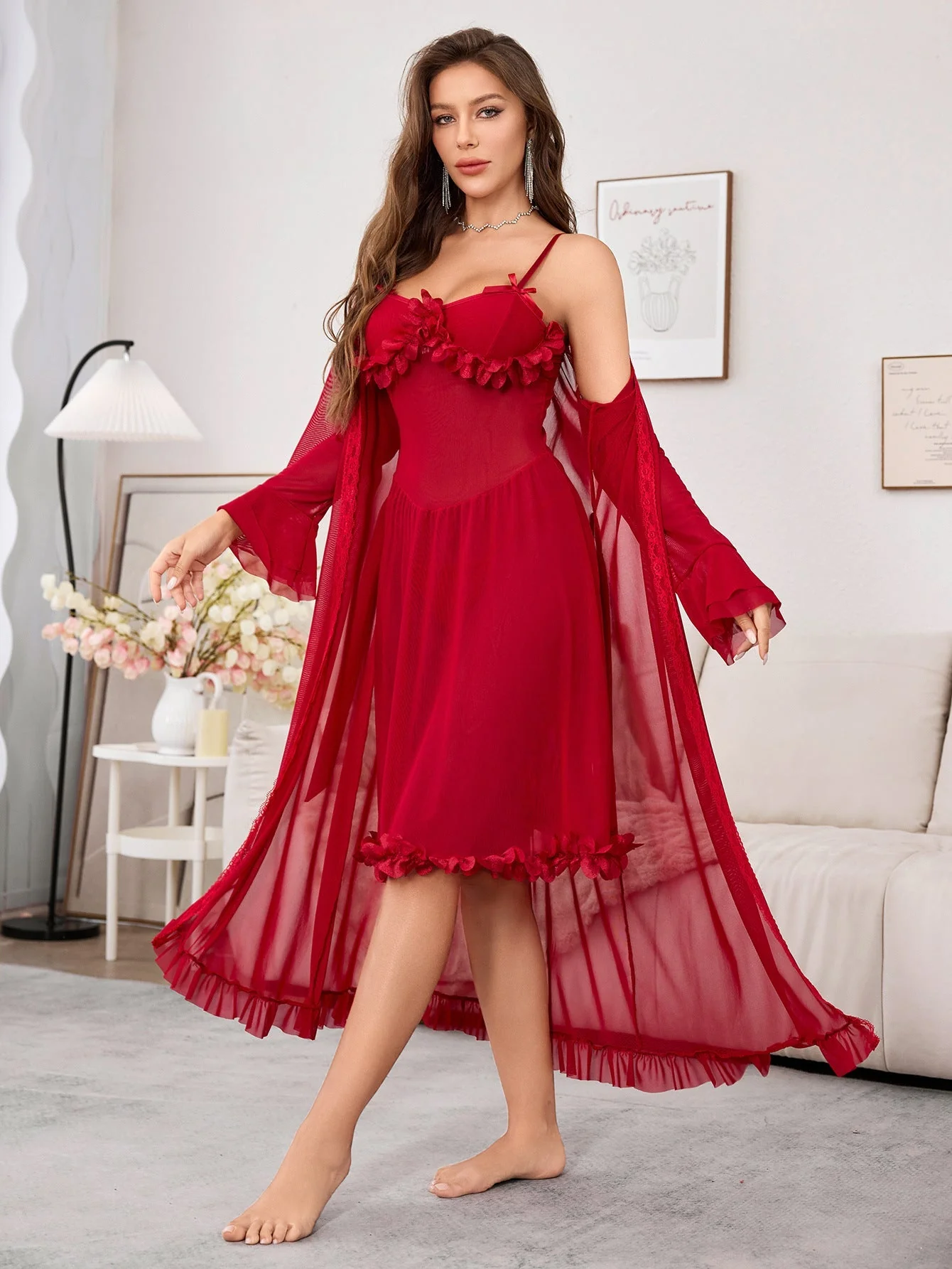 Sheer Trumpet | Mesh See-Through Long Sleeve Nightgown Red (FD) - Image 2