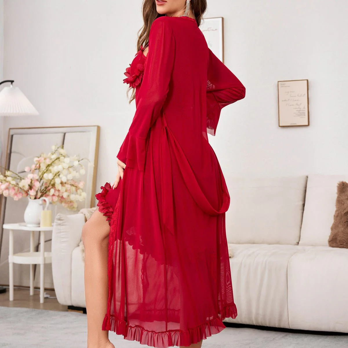 Sheer Trumpet | Mesh See-Through Long Sleeve Nightgown Red (FD) - Image 4