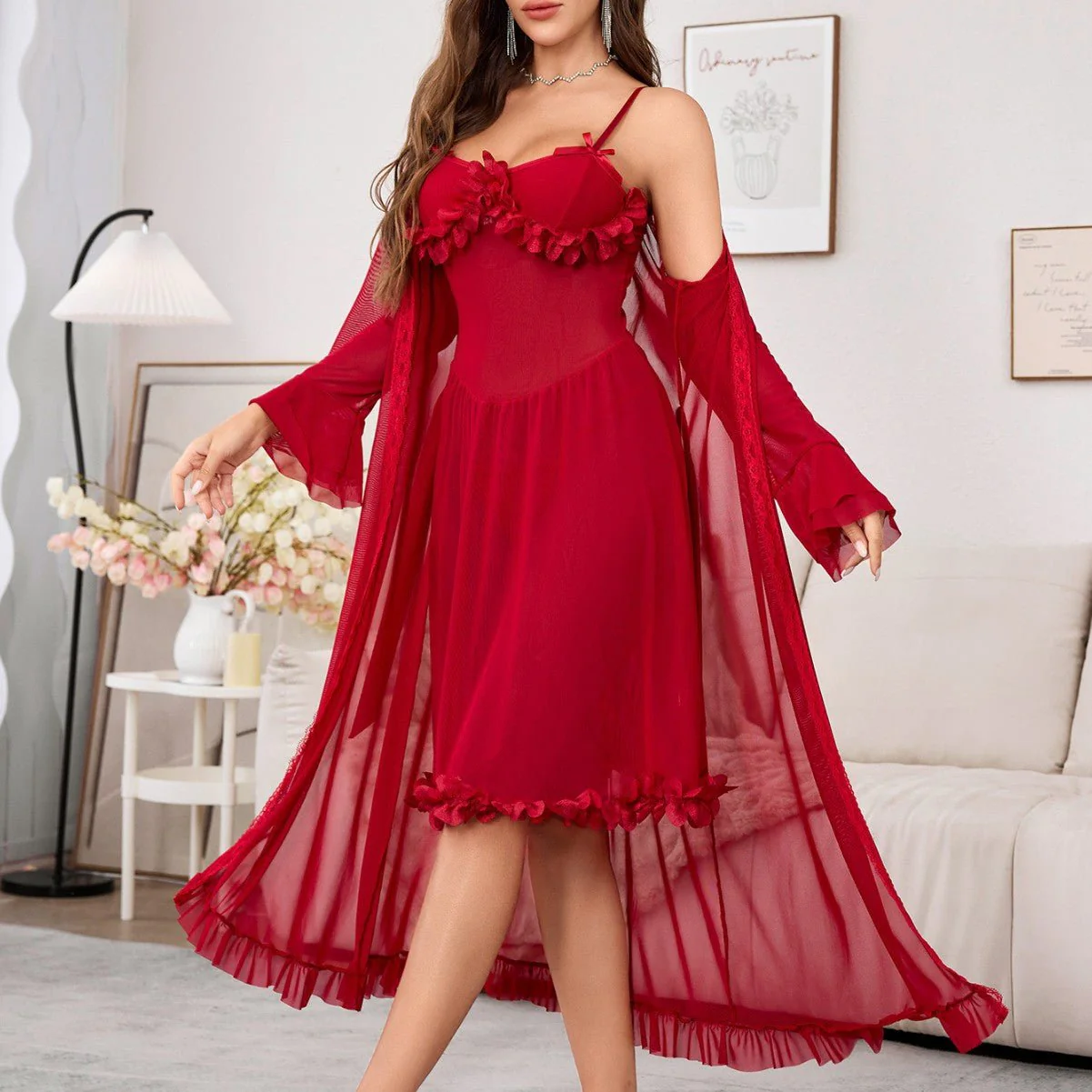 Sheer Trumpet | Mesh See-Through Long Sleeve Nightgown Red (FD) - Image 5