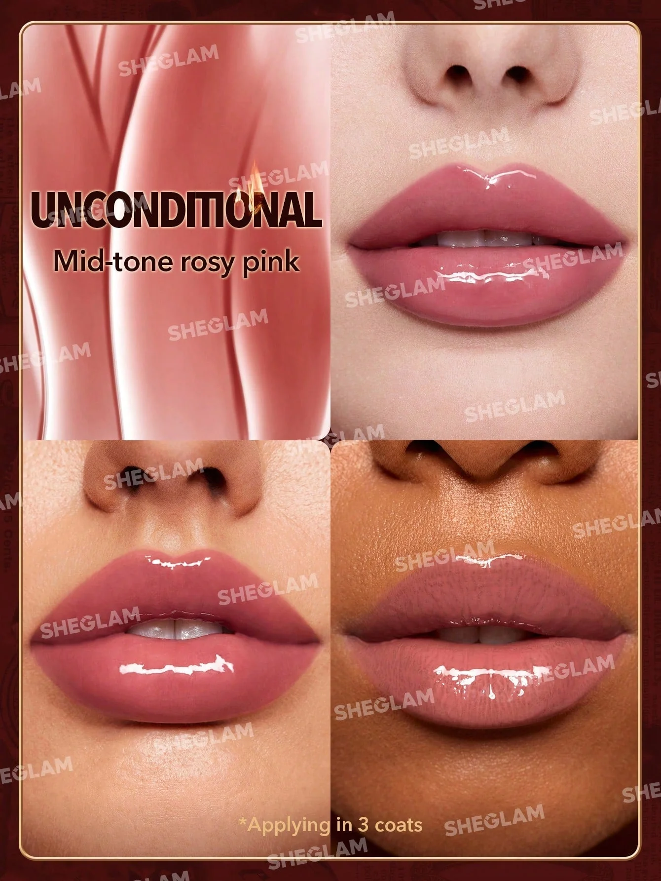 SHEGLAM Ember Rose Immortal Love Nourishing Lip Gloss - Pink Liquid Lipstick High Shine Finish Ultra Moisturizing Lip Glaze Luminous Shine Non-Sticky Li Makeup - Image 7