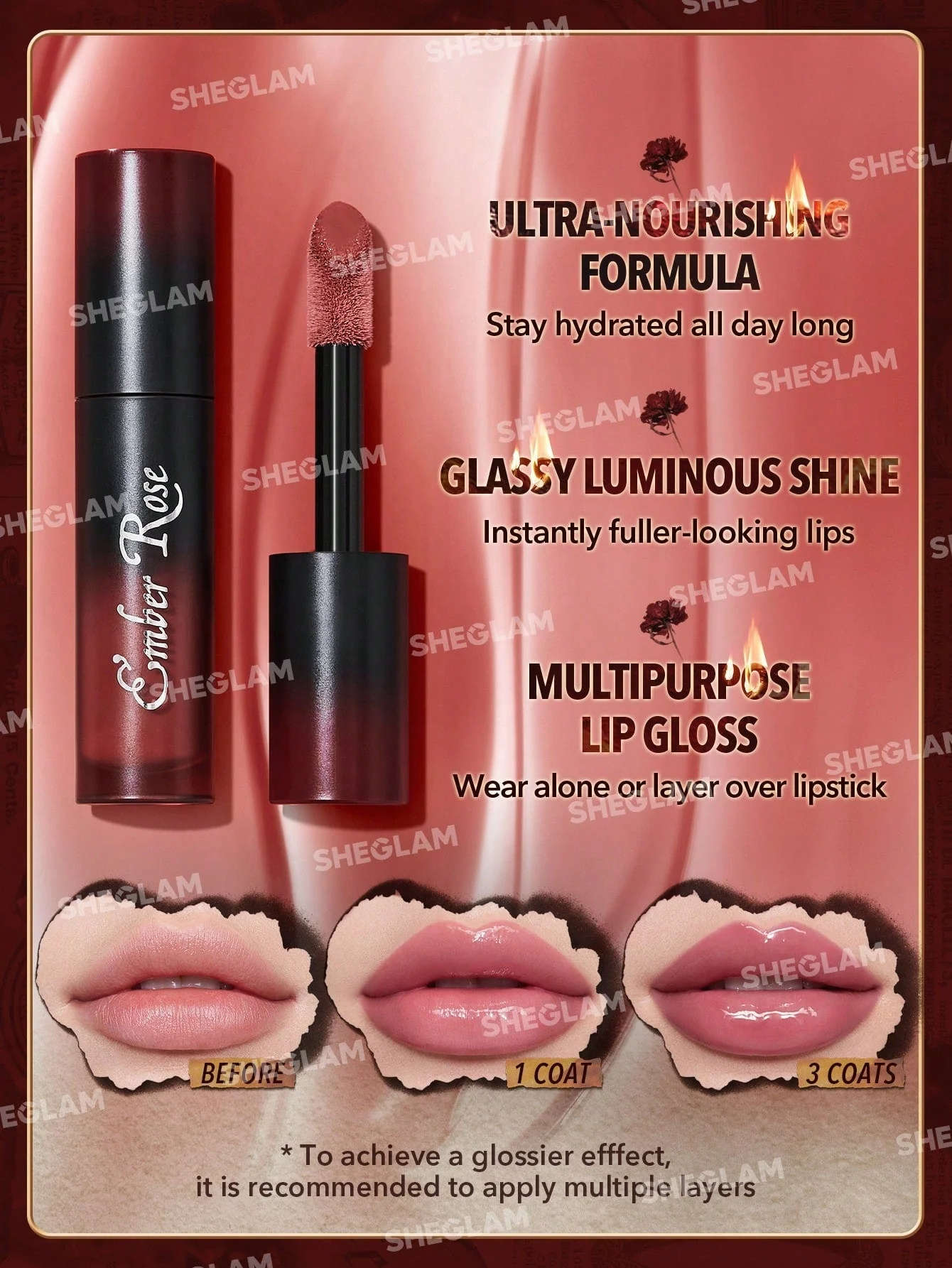 SHEGLAM Ember Rose Immortal Love Nourishing Lip Gloss - Pink Liquid Lipstick High Shine Finish Ultra Moisturizing Lip Glaze Luminous Shine Non-Sticky Li Makeup - Image 9