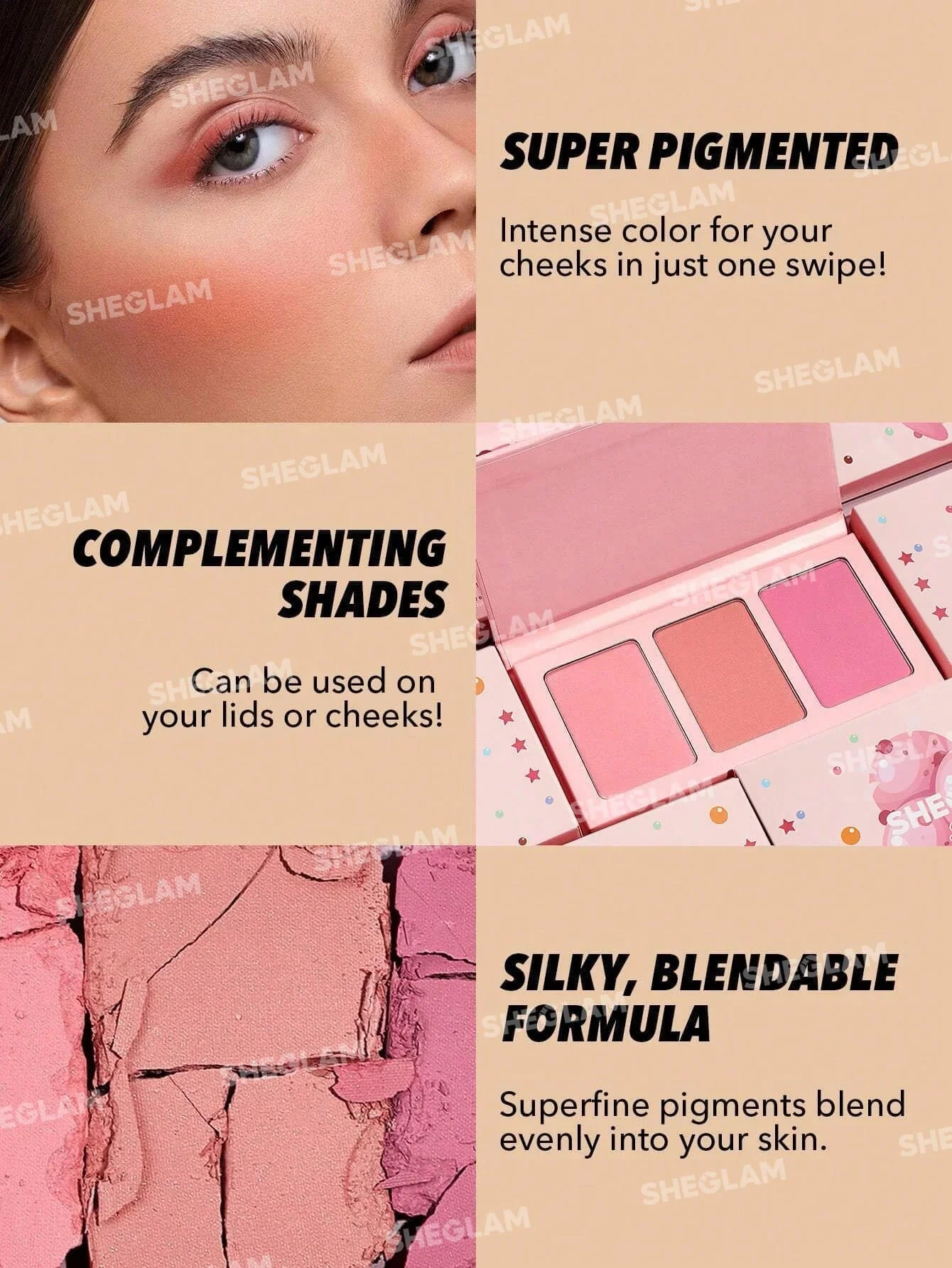 SHEGLAM Sweet Cheeks Blush Trio-Enamored 3-Clolor Powder Blush Palette - Image 15