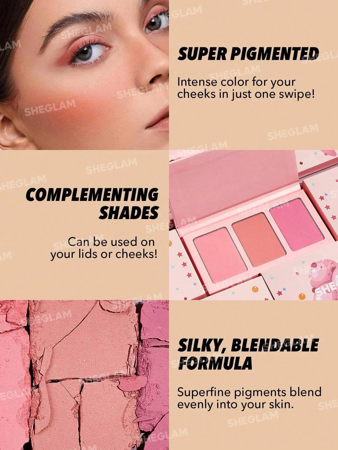 SHEGLAM Sweet Cheeks Blush Trio-Enamored 3-Clolor Powder Blush Palette - Image 8