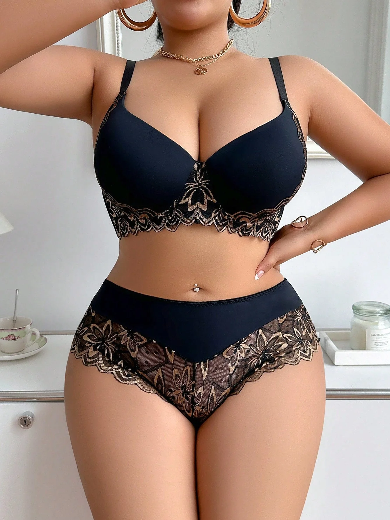 SHEIN 2pcs/Set Plus Size Lingerie Set, Lift & Support Bra With Sexy Lace Patchwork Design And Matching Panty - Image 7