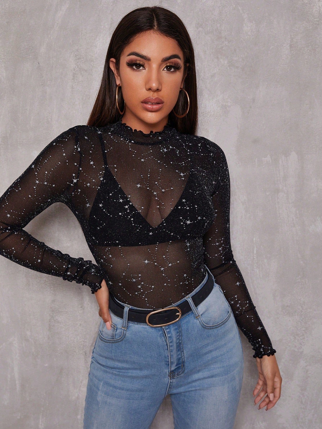 SHEIN BAE Lettuce Edge Glitter Mesh Top Without Bra - Image 2