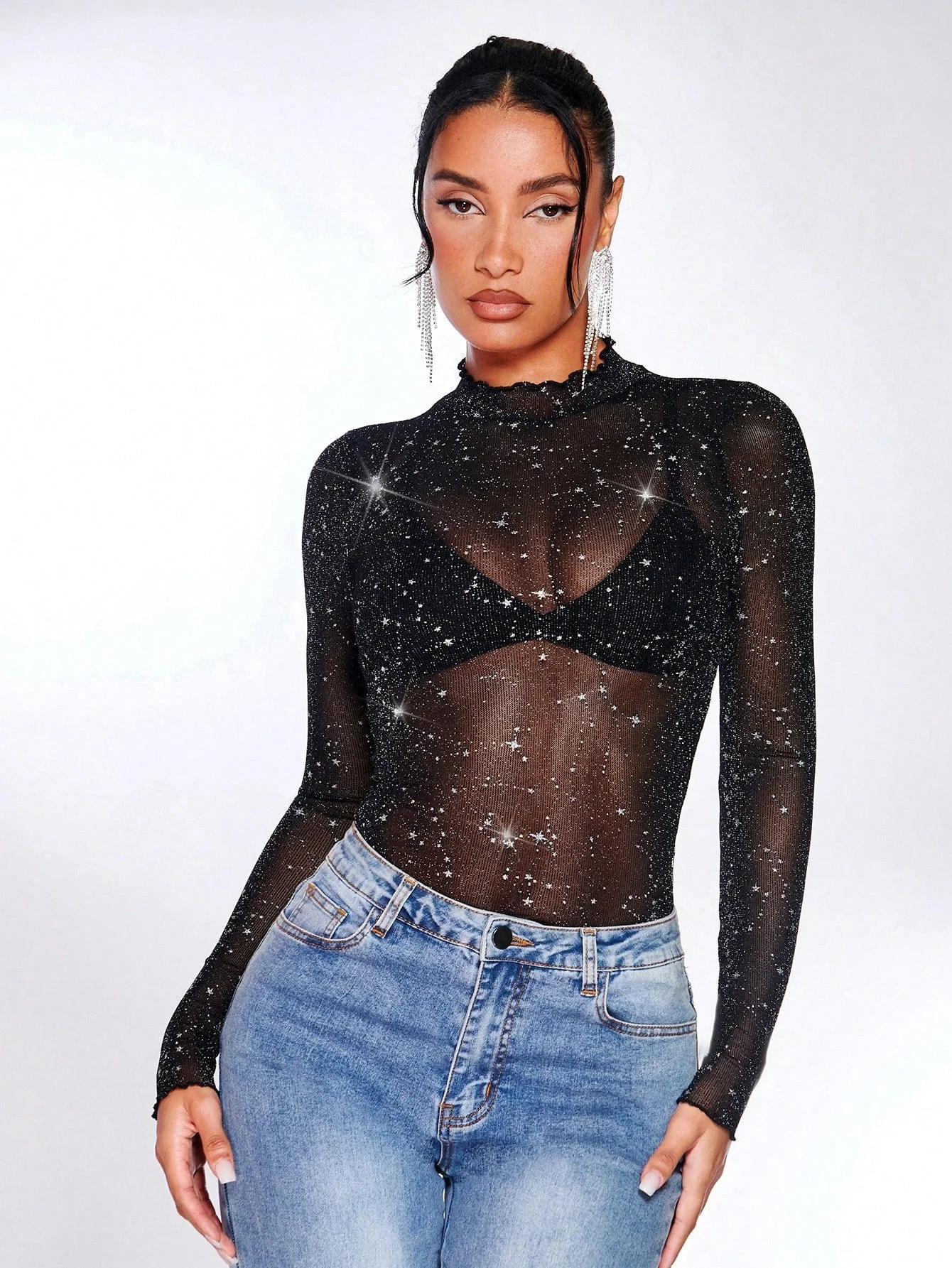 SHEIN BAE Lettuce Edge Glitter Mesh Top Without Bra - Image 5
