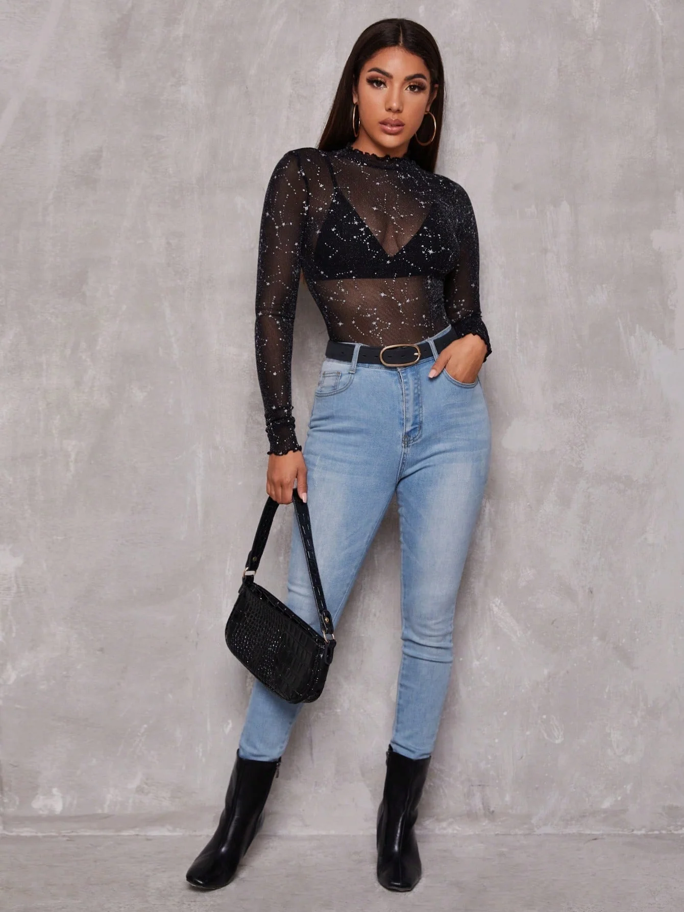SHEIN BAE Lettuce Edge Glitter Mesh Top Without Bra - Image 9