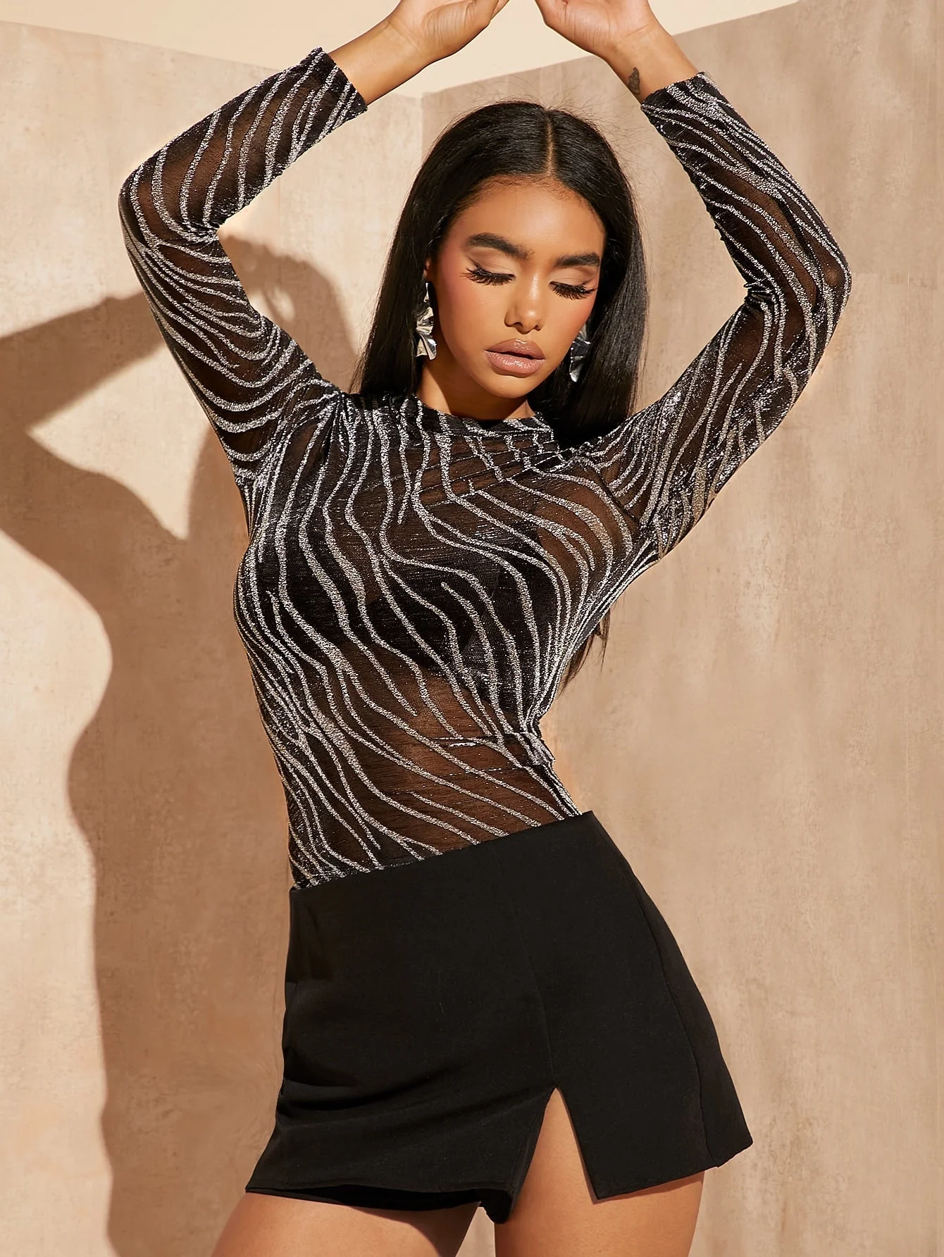 SHEIN BAE Lettuce Trim Glitter Sheer Mesh Top Without Bra