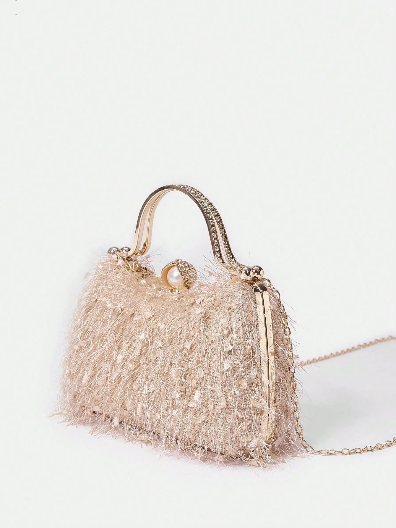 SHEIN Belle Plush Feather & Rhinestone Decor Top Handle Box Bag - Image 8