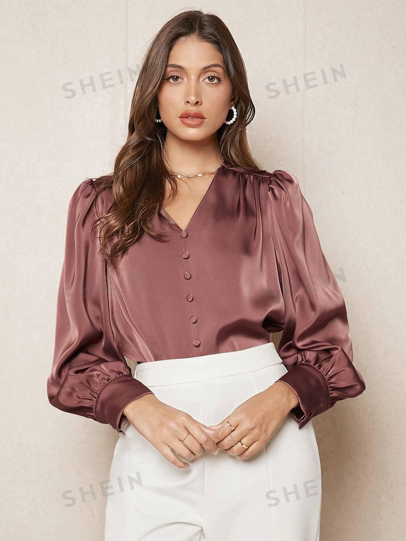 SHEIN BIZwear Solid Button Front Lantern Sleeve Satin Blouse