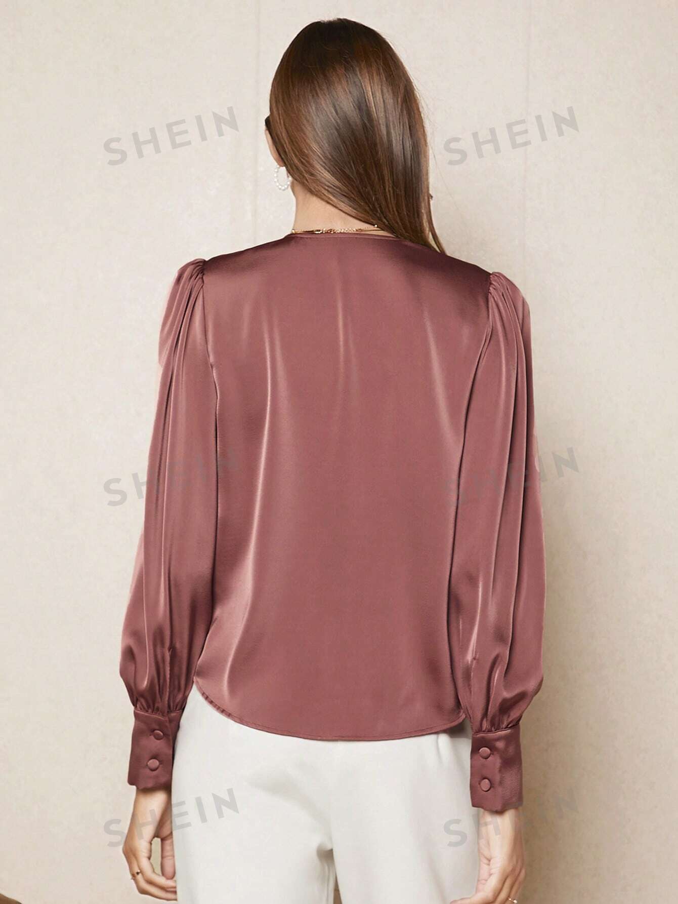 SHEIN BIZwear Solid Button Front Lantern Sleeve Satin Blouse - Image 2