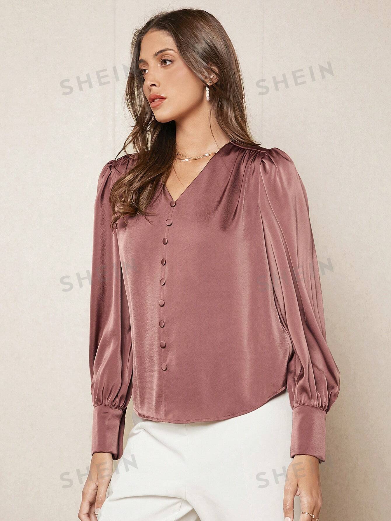 SHEIN BIZwear Solid Button Front Lantern Sleeve Satin Blouse - Image 6