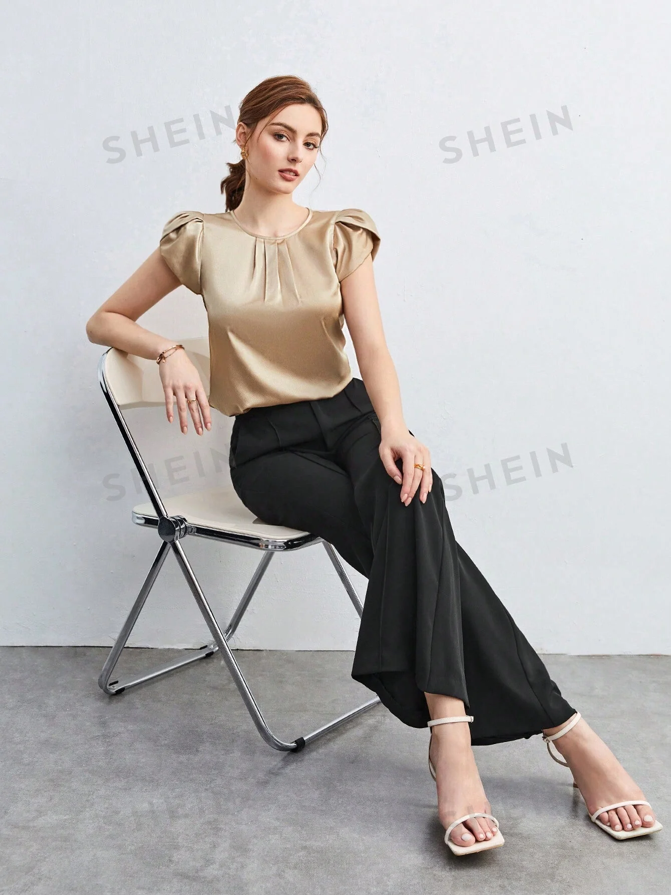 SHEIN BIZwear Solid Color Satin Round Neck Petal Sleeve Women's Work Shirt - Image 3