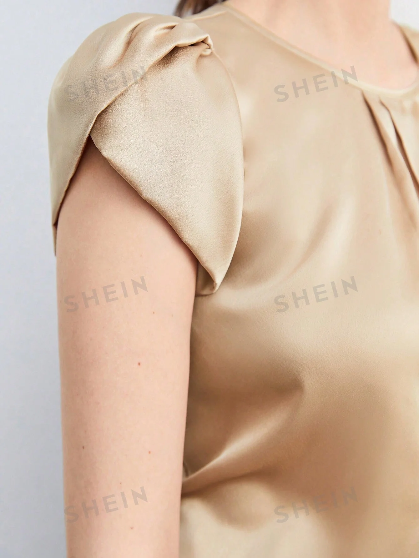SHEIN BIZwear Solid Color Satin Round Neck Petal Sleeve Women's Work Shirt - Image 5