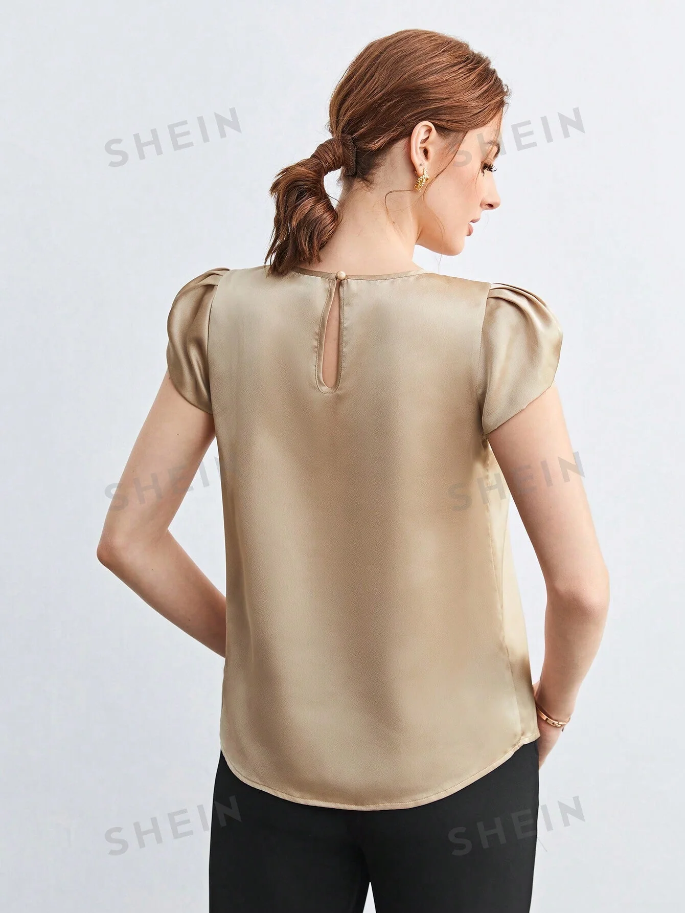 SHEIN BIZwear Solid Color Satin Round Neck Petal Sleeve Women's Work Shirt - Image 7
