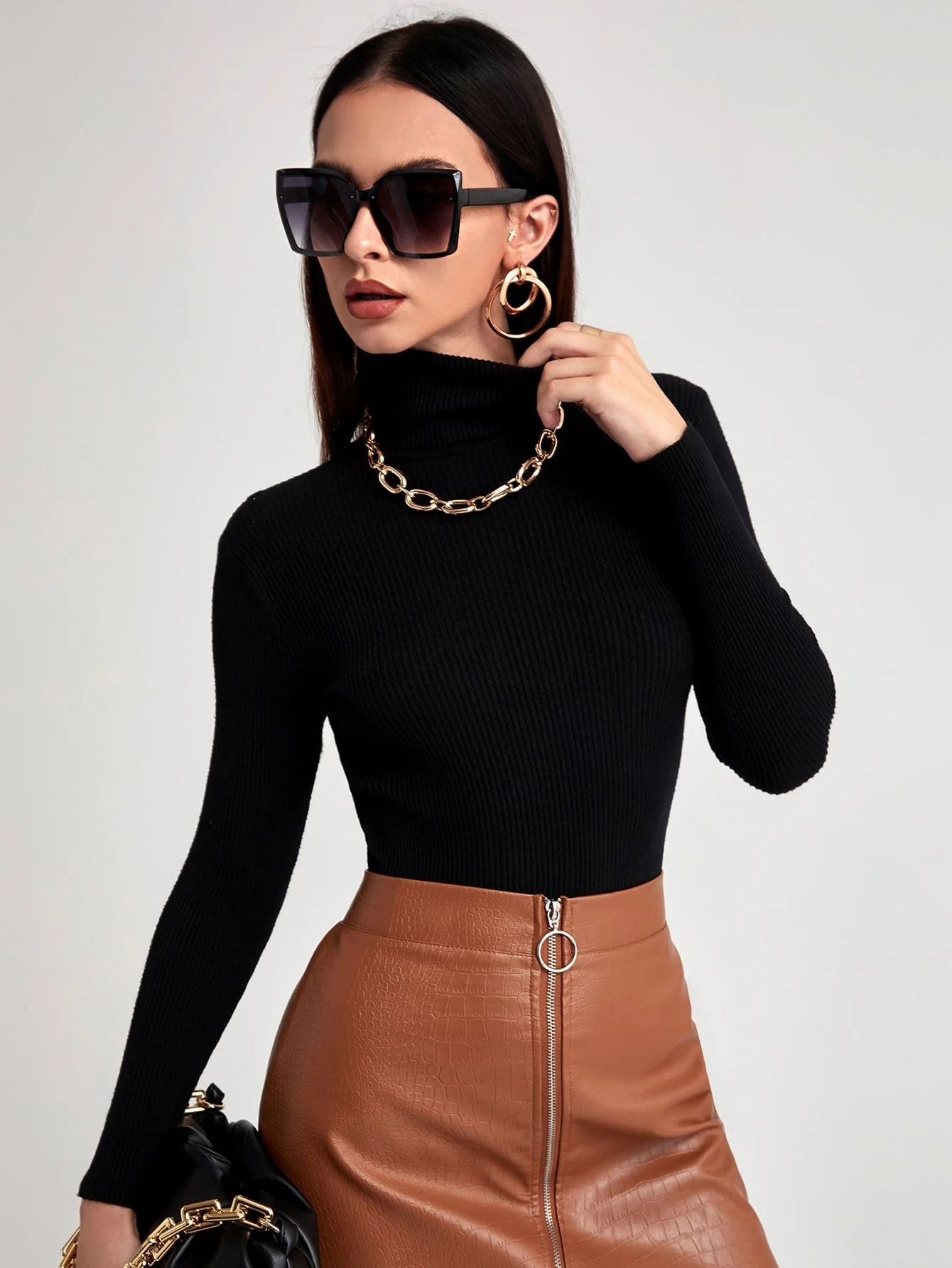 SHEIN BIZwear Turtleneck Ribbed Knit Sweater Workwear