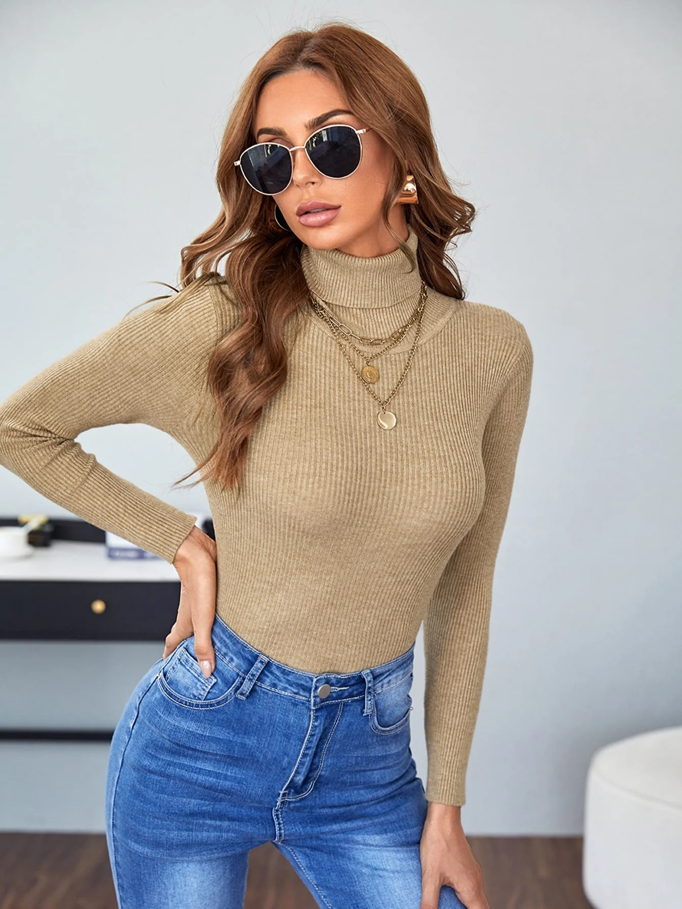 SHEIN BIZwear Turtleneck Ribbed Knit Sweater Workwear - Image 3